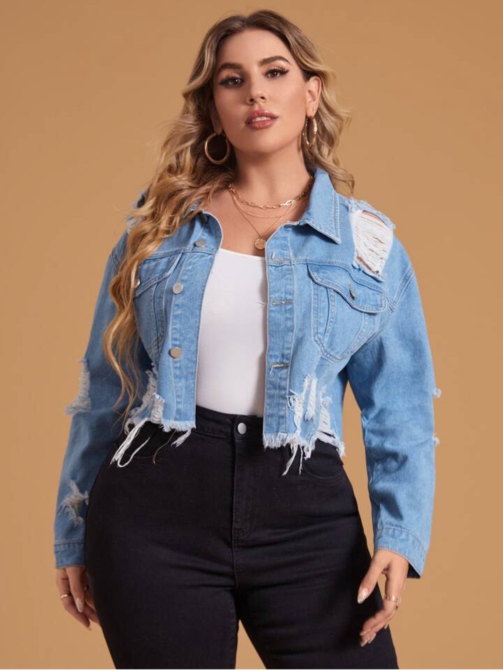 Distressed Cropped Light Blue Denim Jacket - Women